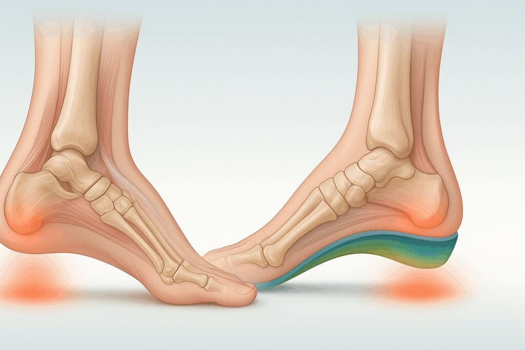Side-view anatomical illustration comparing foot alignment and pressure zones with and without arch support dress shoes for women