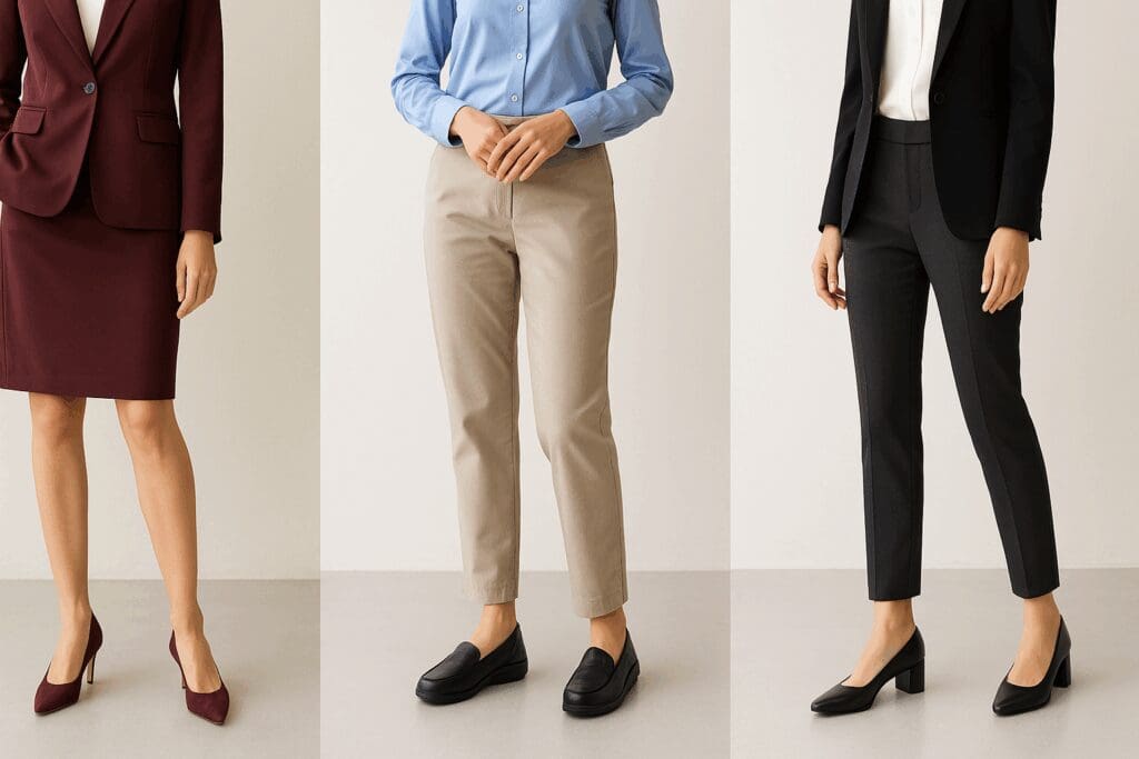 Three women in era-specific work outfits showcasing vintage heels, 2000s orthopedic loafers, and modern arch support dress shoes for women.