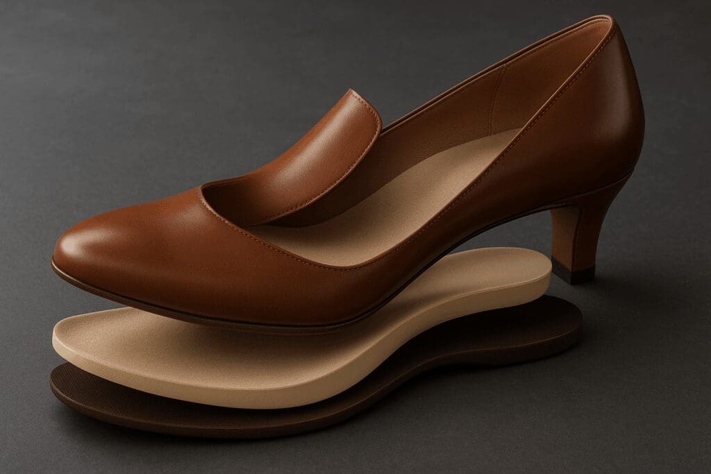 Disassembled view of arch support dress shoes for women showing contoured footbed, heel cup, and cushioned sole layers
