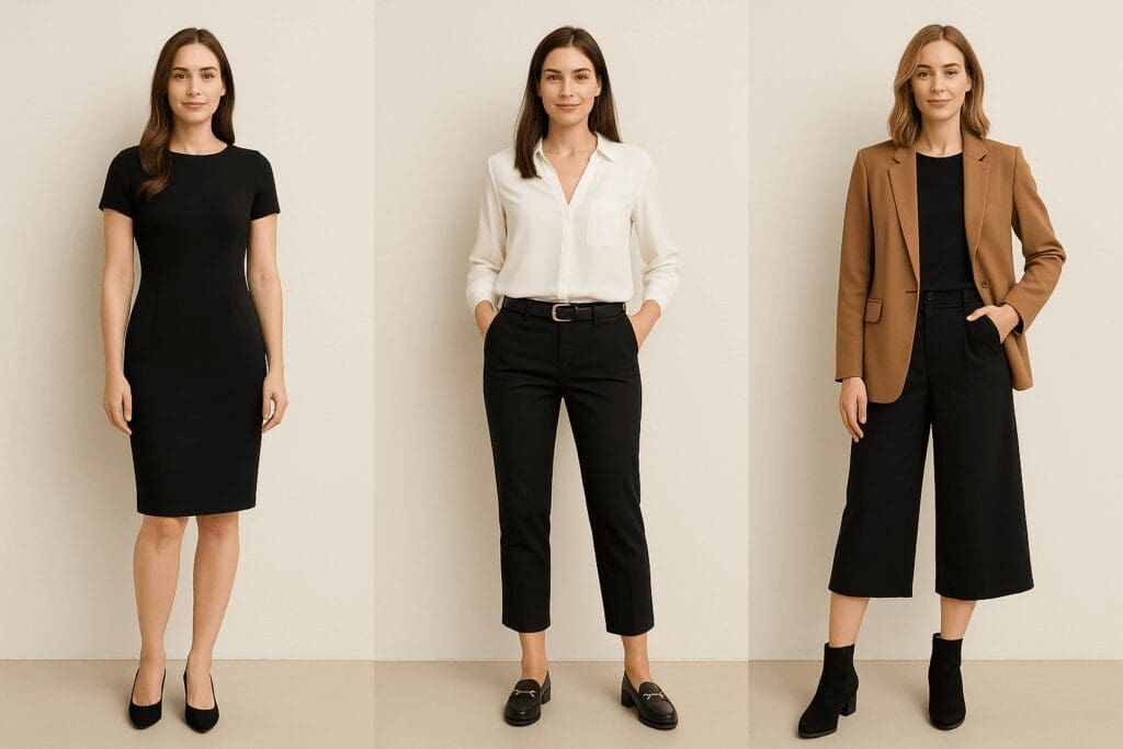 Three women in professional outfits styled with arch support dress shoes for women, including pumps, loafers, and ankle boots.