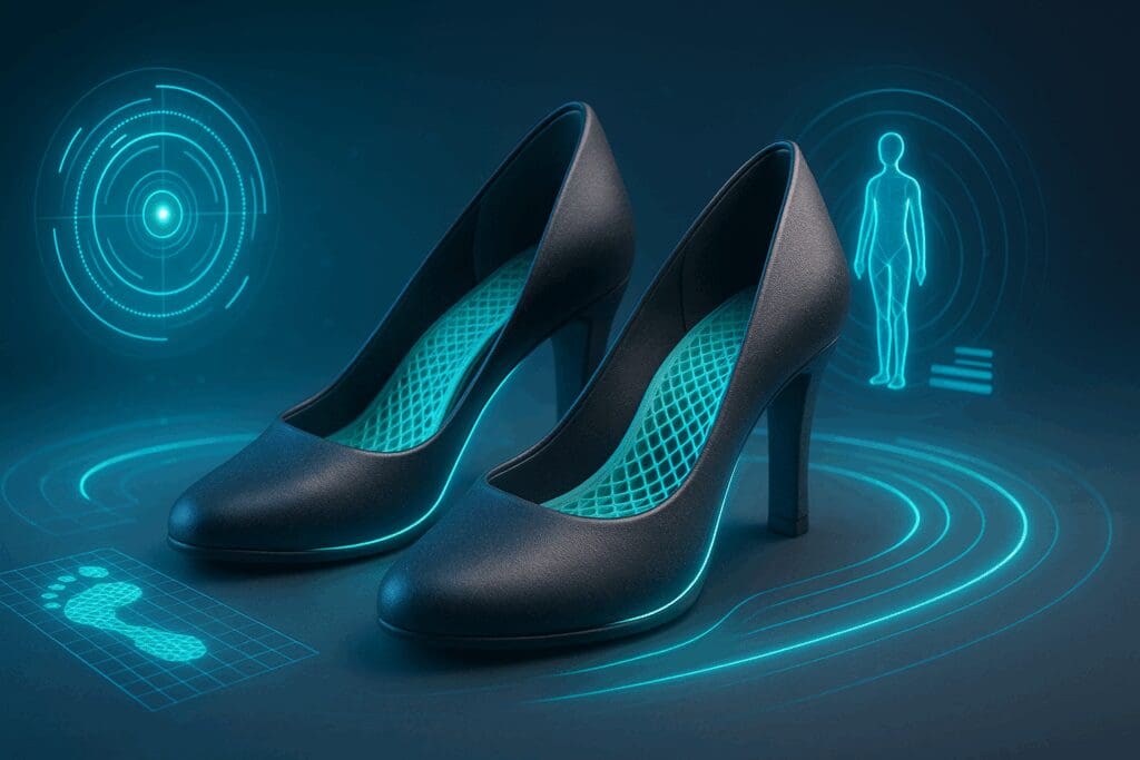 Futuristic arch support dress shoes for women with smart sensors, 3D-printed insoles, and holographic posture feedback cues.