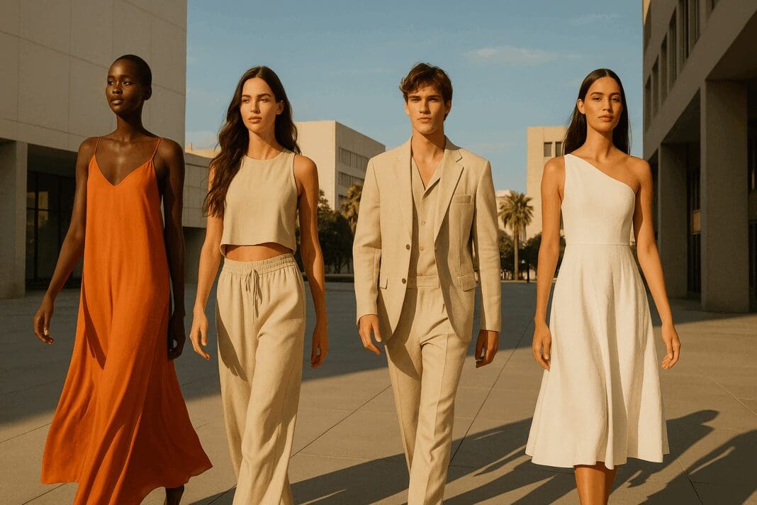 Diverse fashion models walking confidently in an upscale cityscape, showcasing 2025 summer styles with flowing dresses and lightweight tailoring.
