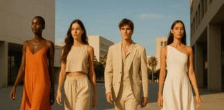 Effortless Style Upgrades: Must-Know 2025 Summer Styles for a Chic Seasonal Refresh Diverse fashion models walking confidently in an upscale cityscape, showcasing 2025 summer styles with flowing dresses and lightweight tailoring.