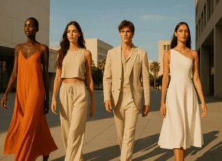 Diverse fashion models walking confidently in an upscale cityscape, showcasing 2025 summer styles with flowing dresses and lightweight tailoring.