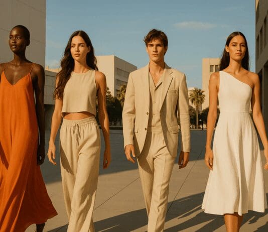 Diverse fashion models walking confidently in an upscale cityscape, showcasing 2025 summer styles with flowing dresses and lightweight tailoring.