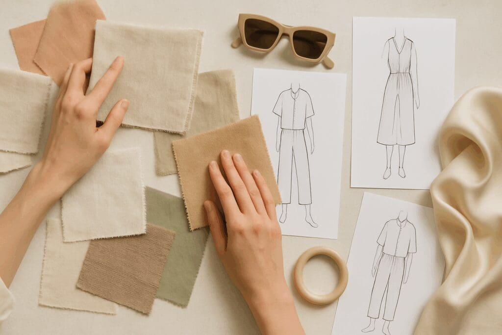 Designer’s hands arranging linen, cotton, and silk fabric swatches with sketches and minimalist accessories in a mood board for 2025 summer styles