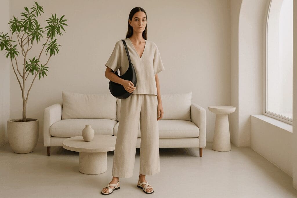 Woman in a minimalist beige linen outfit with a crescent bag and sandals, showcasing 2025 summer styles in a sunlit modern interior.