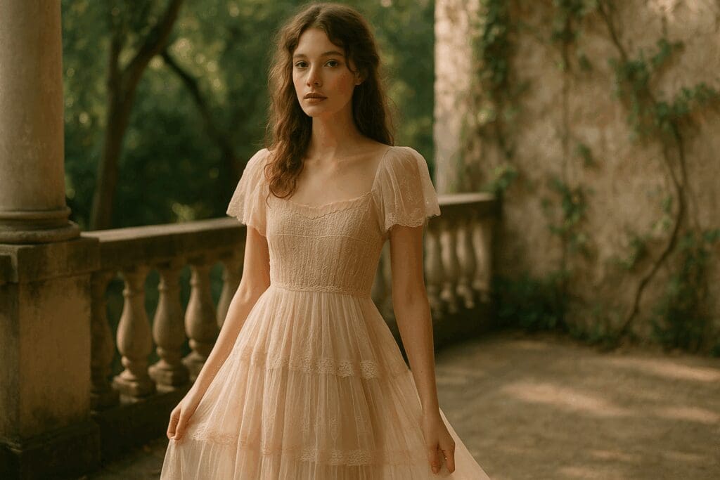 Model in a sheer blush lace dress on a stone veranda, showcasing romantic 2025 summer styles in soft, natural light.