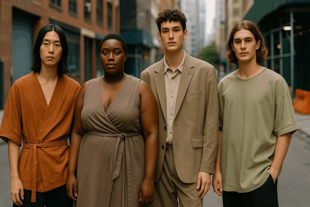 Models of diverse gender identities wearing gender-neutral outfits like wrap tops and oversized suits, representing inclusive 2025 summer styles.