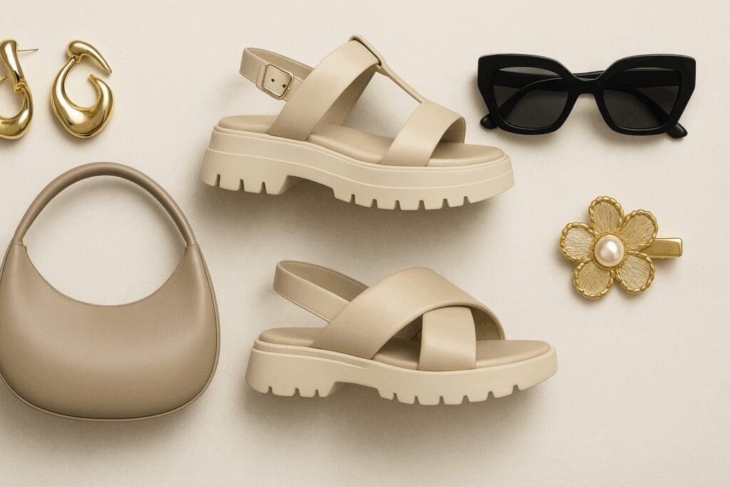 Curated fashion flat lay featuring sculptural earrings, hybrid sandals, geometric sunglasses, a crescent bag, and a floral hair clip styled for 2025 summer styles