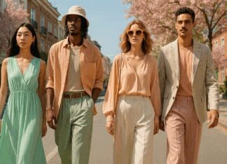 Diverse group of stylish people in pastel outfits walking down a sunny urban street, showcasing spring summer fashion trends 2025.