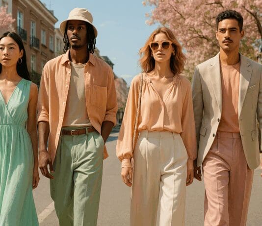 Diverse group of stylish people in pastel outfits walking down a sunny urban street, showcasing spring summer fashion trends 2025.