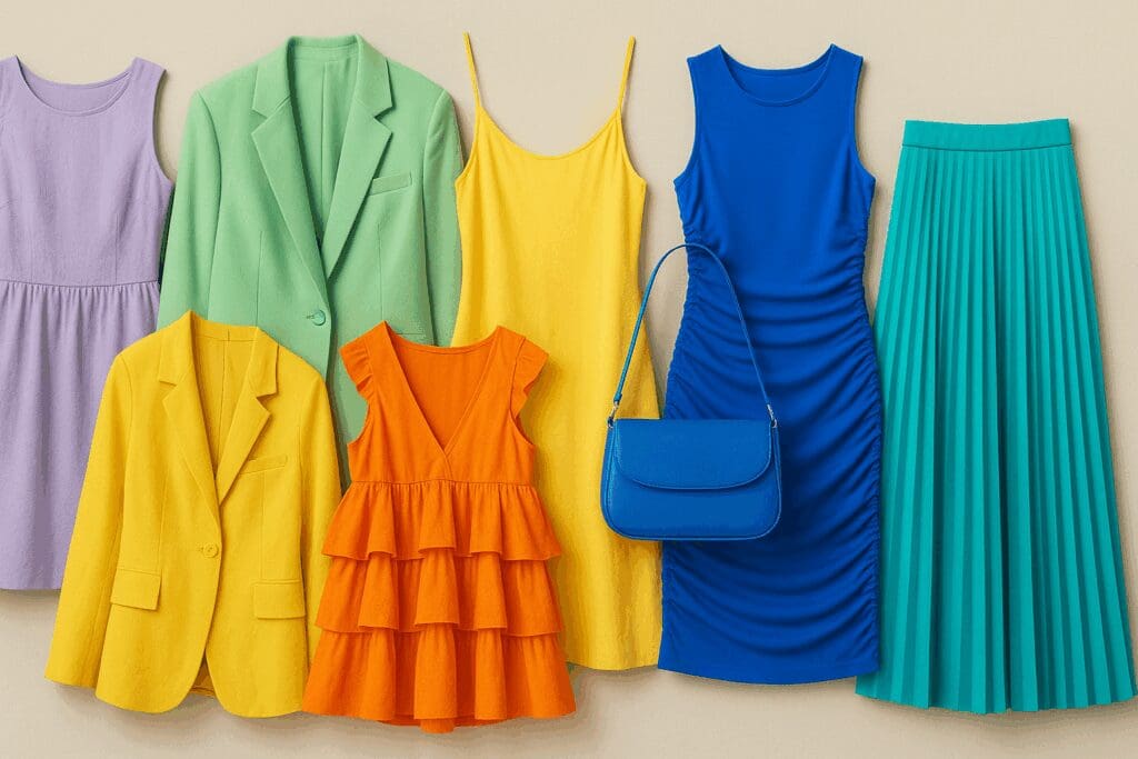 Colorful collage of women’s clothing in sun-washed lilac, mint green, butter yellow, deep tangerine, cobalt blue, and tropical turquoise showcasing spring summer fashion trends.