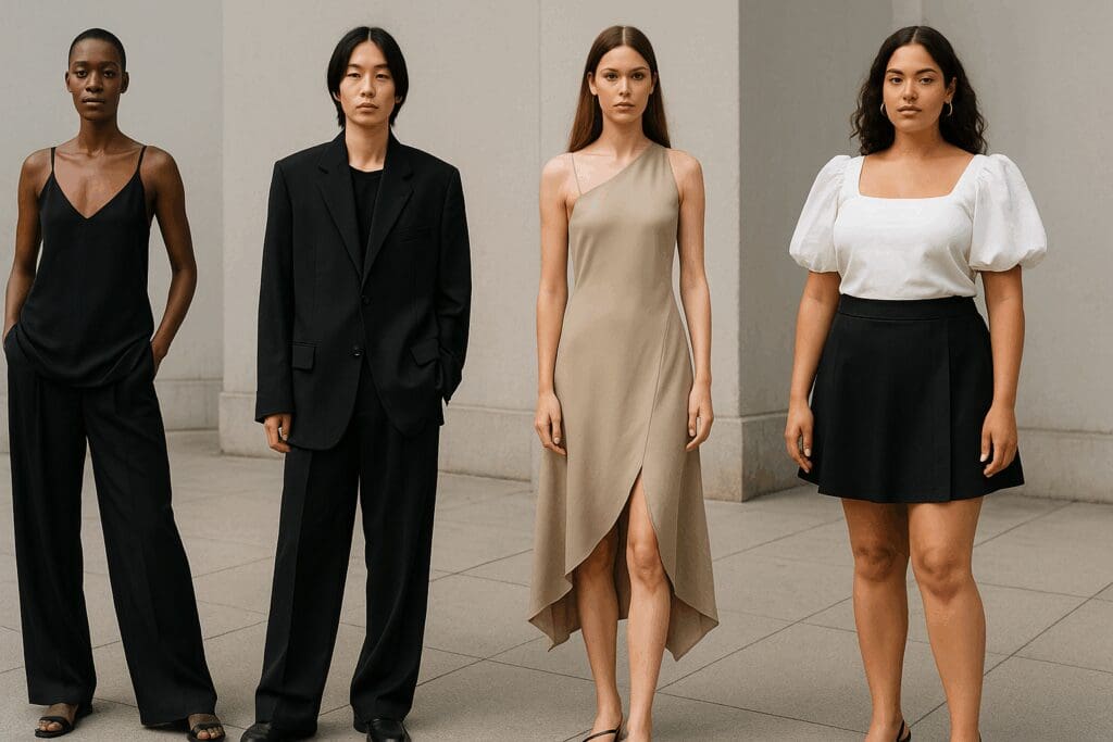 Models of diverse gender expressions wearing wide-leg trousers, slip dresses, oversized blazers, asymmetric hemlines, and puff sleeves in a minimalist city setting, showcasing spring summer fashion trends