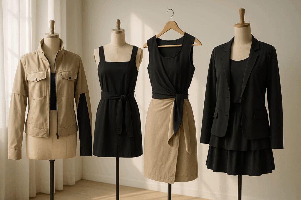 Modular garments including convertible jackets, detachable sleeve dresses, and layered wrap skirts styled in a studio setting, reflecting spring summer fashion trends.
