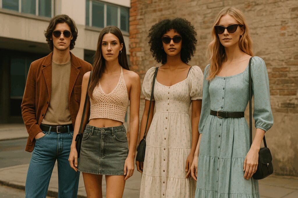 Retro-inspired streetwear lineup featuring '70s flared jeans, '90s low-rise skirts, crochet tops, and prairie dresses styled for spring summer fashion trends.
