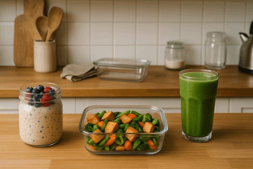 Three quick vegan weight loss recipes on a cozy kitchen counter: overnight oats with berries, tofu stir-fry, and green smoothie.