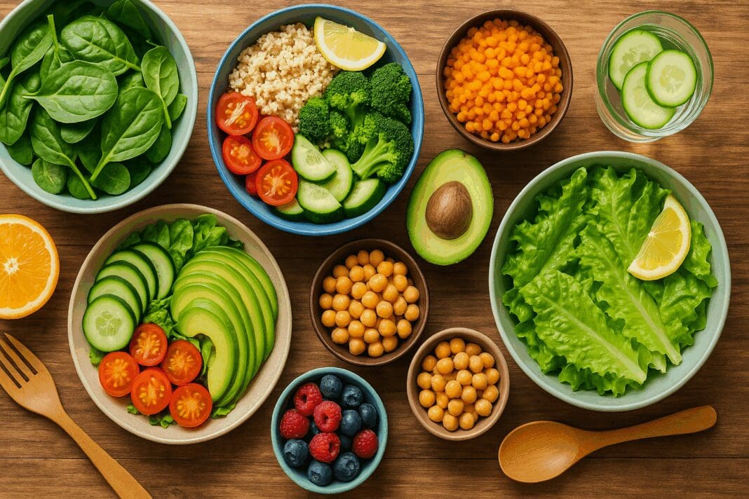Colorful flat-lay of fresh vegan weight loss recipes with quinoa, leafy greens, avocado, chickpeas, and berries on a wooden table.
