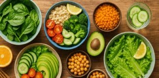 Colorful flat-lay of fresh vegan weight loss recipes with quinoa, leafy greens, avocado, chickpeas, and berries on a wooden table.