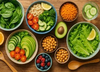 Effortless Vegan Weight Loss Recipes Every Woman Should Know for a Healthier Diet Colorful flat-lay of fresh vegan weight loss recipes with quinoa, leafy greens, avocado, chickpeas, and berries on a wooden table.