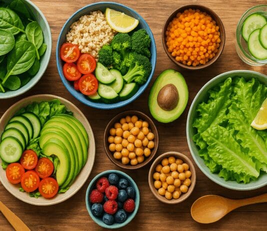 Effortless Vegan Weight Loss Recipes Every Woman Should Know for a Healthier Diet Colorful flat-lay of fresh vegan weight loss recipes with quinoa, leafy greens, avocado, chickpeas, and berries on a wooden table.