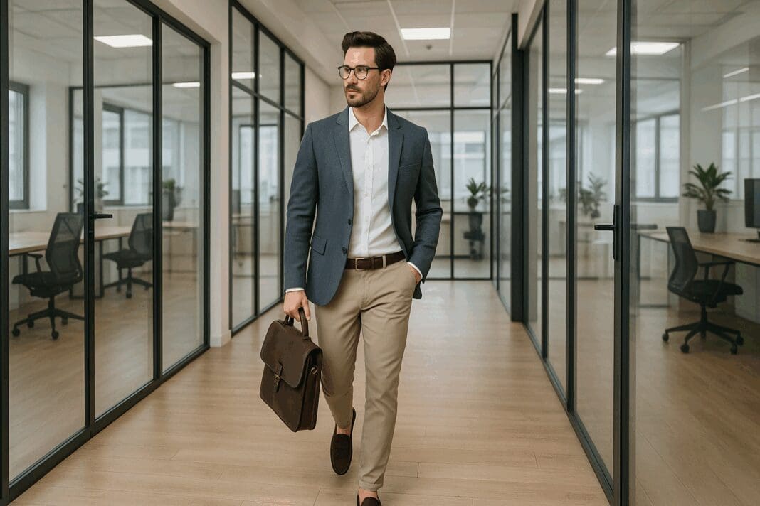 Confident man in business casual style walking through a modern office, showcasing business casual style men fashion.