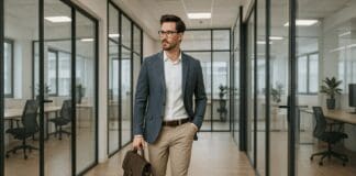 Effortless Wardrobe Upgrades: Mastering Business Casual Style Men Rely On for Modern Office Confidence Confident man in business casual style walking through a modern office, showcasing business casual style men fashion.
