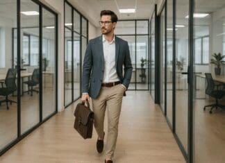 Confident man in business casual style walking through a modern office, showcasing business casual style men fashion.