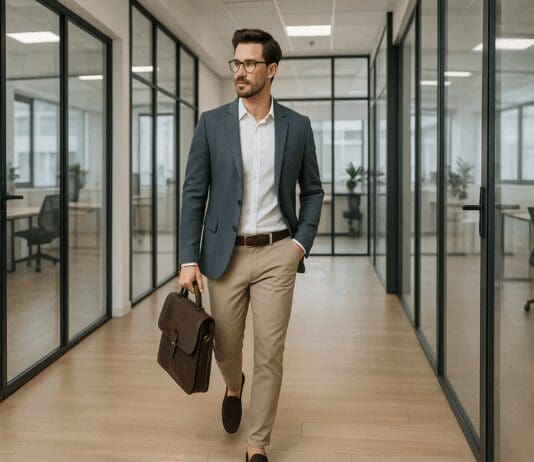 Confident man in business casual style walking through a modern office, showcasing business casual style men fashion.