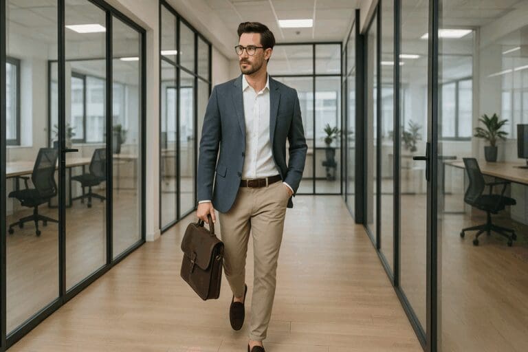 Confident man in business casual style walking through a modern office, showcasing business casual style men fashion.