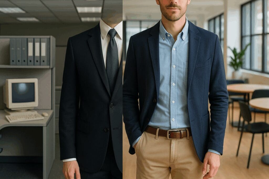 Split-screen comparison of business casual style men, with one wearing a formal suit in a 1990s office and the other in chinos and blazer in a modern coworking space.