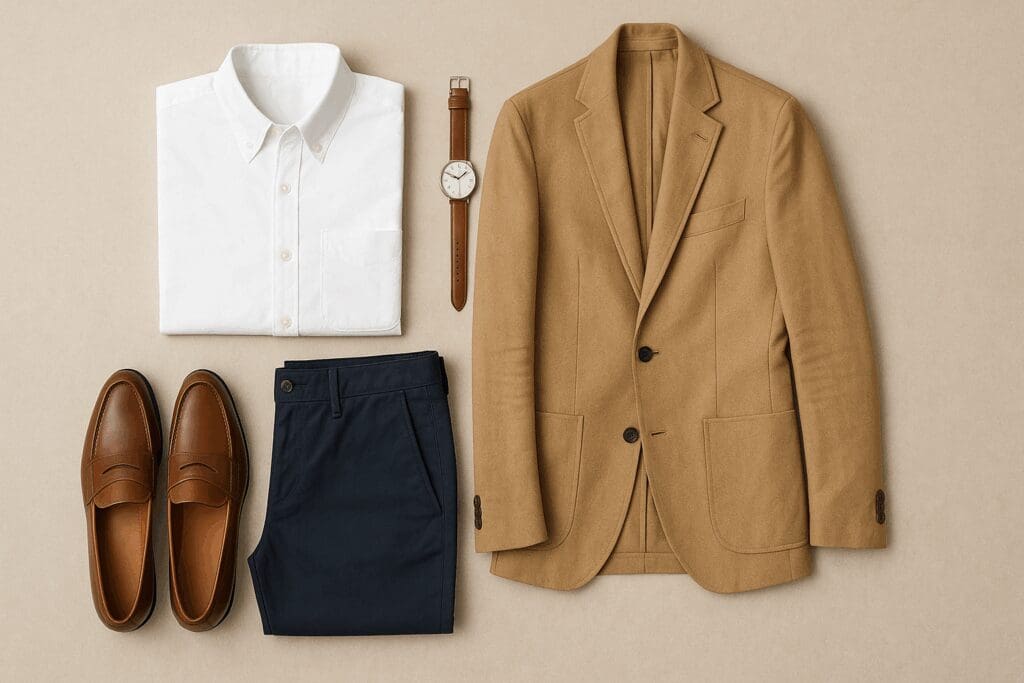 Flat lay of essential business casual style men’s outfit with a white shirt, navy chinos, tan blazer, brown loafers, and a leather-strap watch.