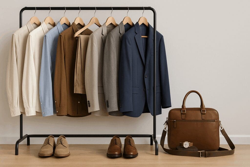 Curated wardrobe rack with neutral-toned shirts, chinos, blazers, and accessories representing business casual style men prefer