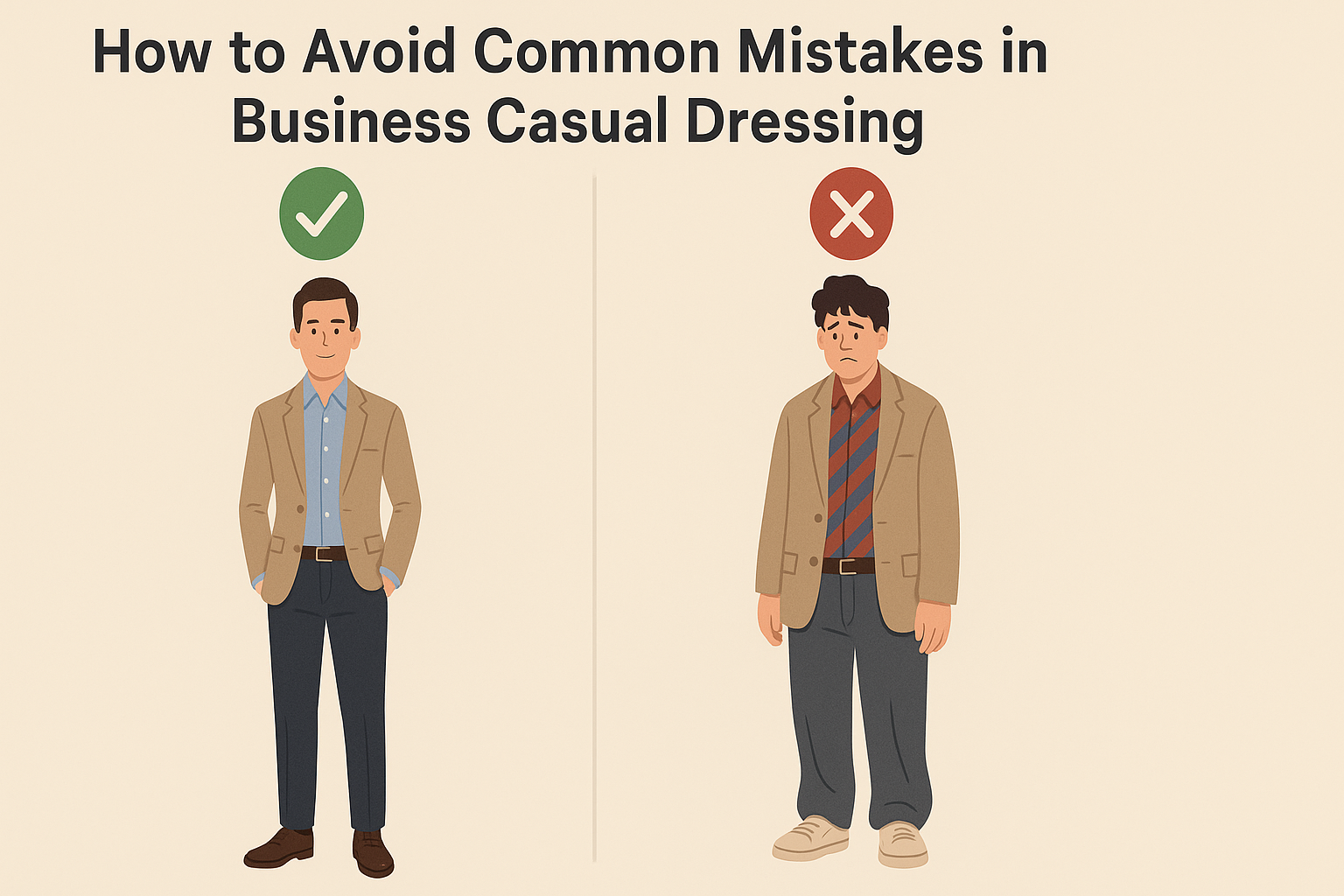 Side-by-side comparison of business casual style men, showing well-fitted coordinated outfit with dress shoes versus mismatched, baggy clothing and worn sneakers