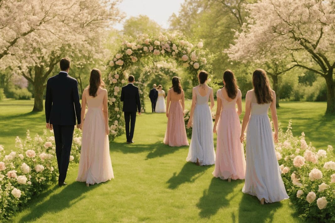 Elegant guests in pastel garden wedding dresses for guests walking beneath a floral archway at a springtime outdoor ceremony.