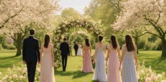 Effortlessly Elegant Style Ideas: The Ultimate Guide to Garden Wedding Dresses for Guests Elegant guests in pastel garden wedding dresses for guests walking beneath a floral archway at a springtime outdoor ceremony.