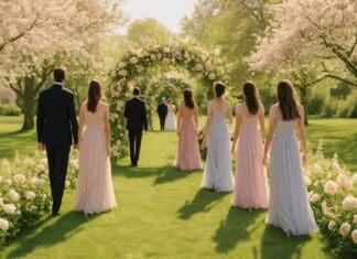 Elegant guests in pastel garden wedding dresses for guests walking beneath a floral archway at a springtime outdoor ceremony.