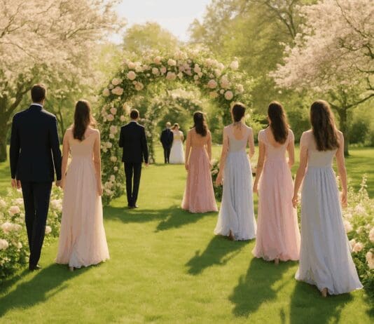 Elegant guests in pastel garden wedding dresses for guests walking beneath a floral archway at a springtime outdoor ceremony.