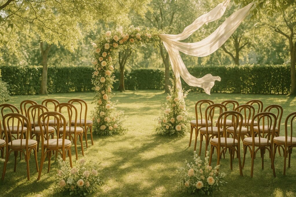Romantic outdoor ceremony with vintage chairs and floral arch, capturing the essence of garden wedding dresses for guests.
