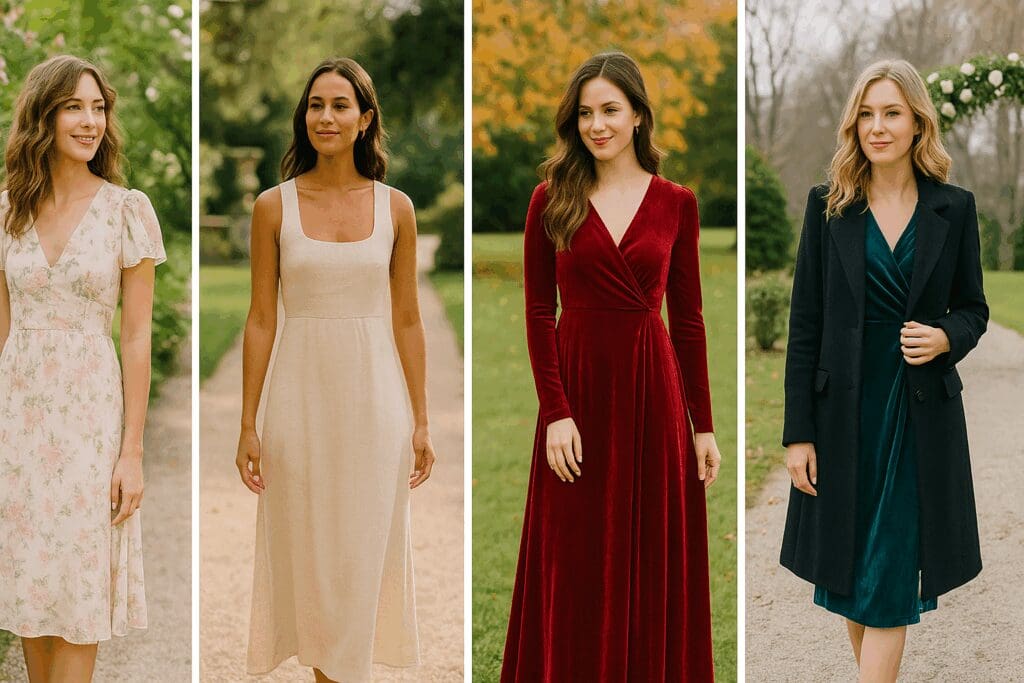 Four women modeling garden wedding dresses for guests in seasonal outdoor settings: floral for spring, linen for summer, velvet for fall, and coats for winter