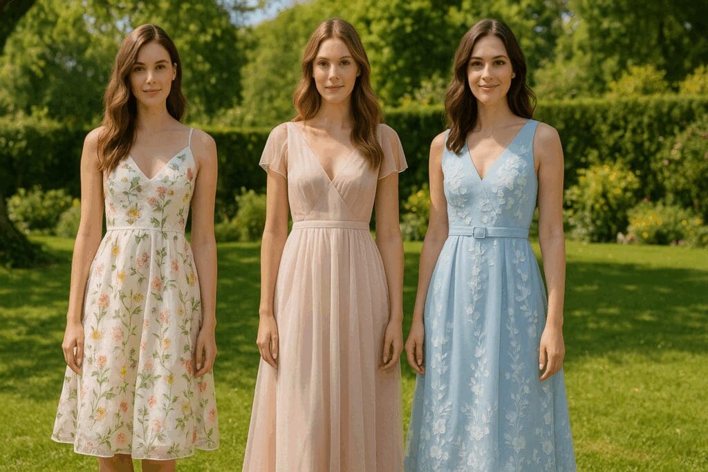 Three women wearing elegant garden wedding dresses for guests—one in a floral midi, one in a blush maxi with sheer overlay, and one in a belted blue gown with appliqué, standing in a sunny garden.