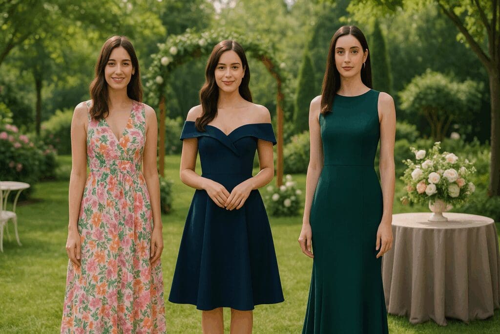 Three women in garden wedding dresses for guests, ranging from a floral print maxi to a navy off-shoulder dress and an elegant green gown, standing in a lush outdoor wedding setting.