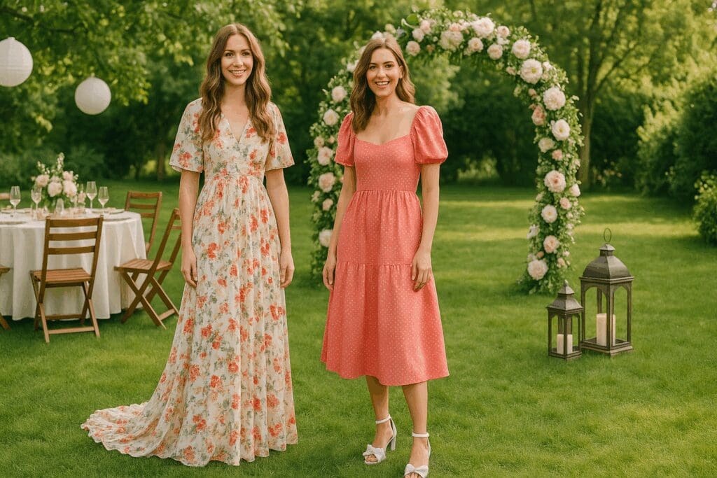 Two women at a summer garden party wearing stylish garden wedding dresses for guests, one in a floral maxi and one in a coral midi.
