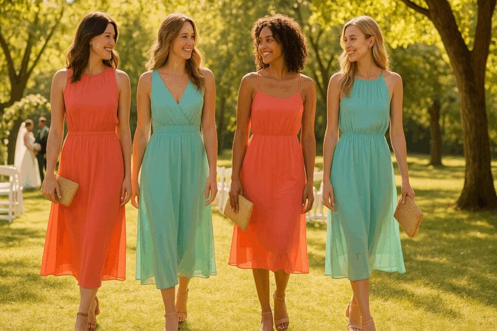 Women wearing coral and seafoam chiffon garden wedding dresses for guests, accessorized with woven clutches and sandals at a sunny outdoor ceremony.