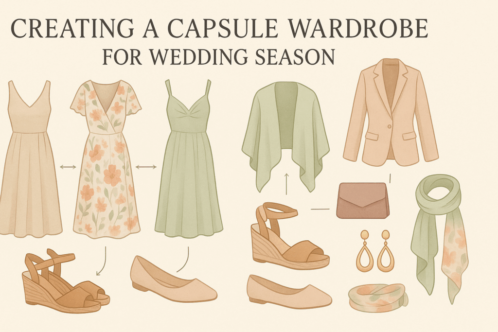 Diagram of a capsule wardrobe featuring garden wedding dresses for guests, shoes, shawls, and accessories in soft, floral tones.