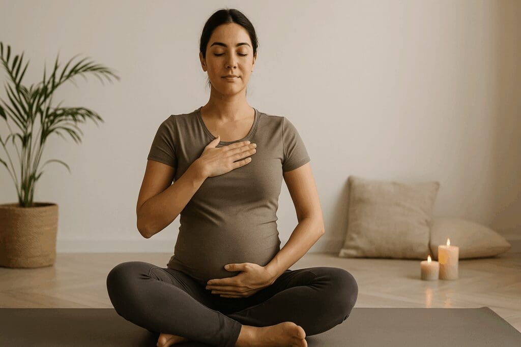 Pregnant woman practicing yoga for second trimester in Sukhasana pose, eyes closed, with a calm indoor setting and soft candlelight.