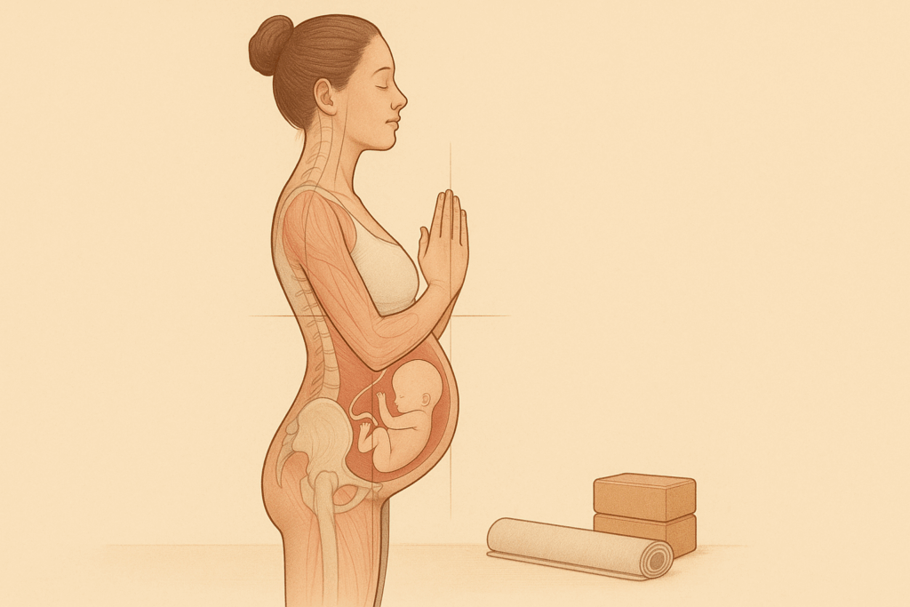 Pregnant woman in side profile practicing yoga for second trimester, showing uterus expansion, posture shift, and fetal position.