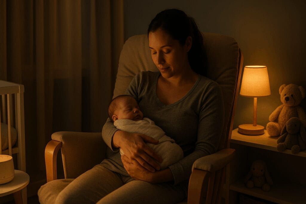 First time parent gently rocking a swaddled newborn to sleep in a softly lit nursery with plush toys and a calming atmosphere