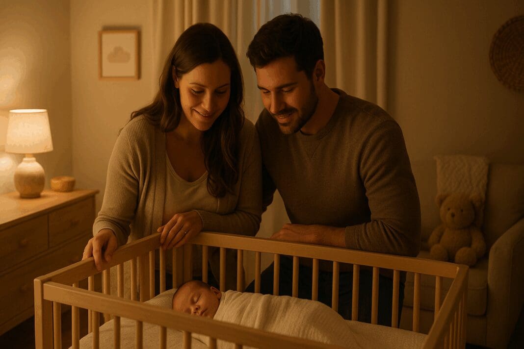 First time parent couple smiling warmly as they gaze at their newborn in a softly lit, neutral-toned nursery