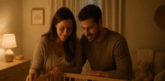 Essential Baby Care and Maternity Tips Every First Time Parent Needs to Know First time parent couple smiling warmly as they gaze at their newborn in a softly lit, neutral-toned nursery